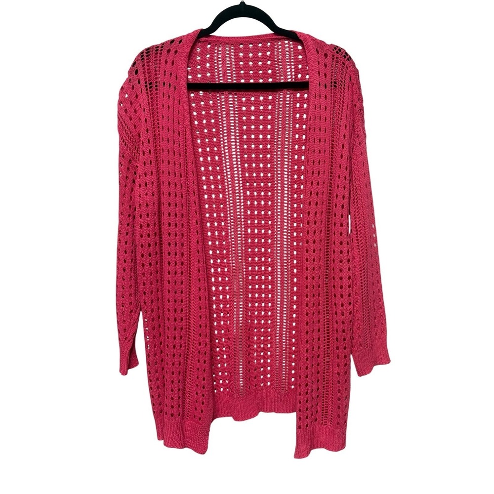 Pink Open Knit Sz Med Cardigan Sweater Longline Pointelle Crochet Style Layering
